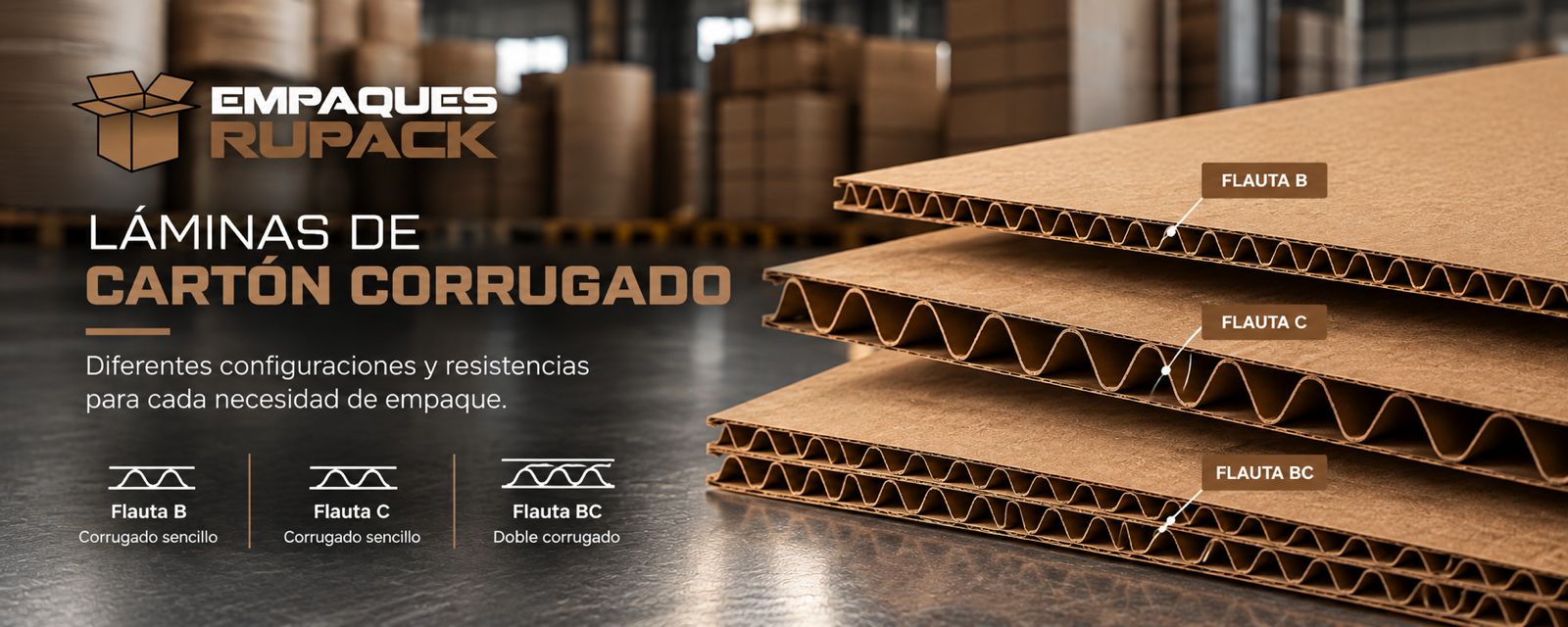 Láminas de cartón corrugado. Diferentes configuraciones y resistencias: flauta B, flauta C y flauta BC.