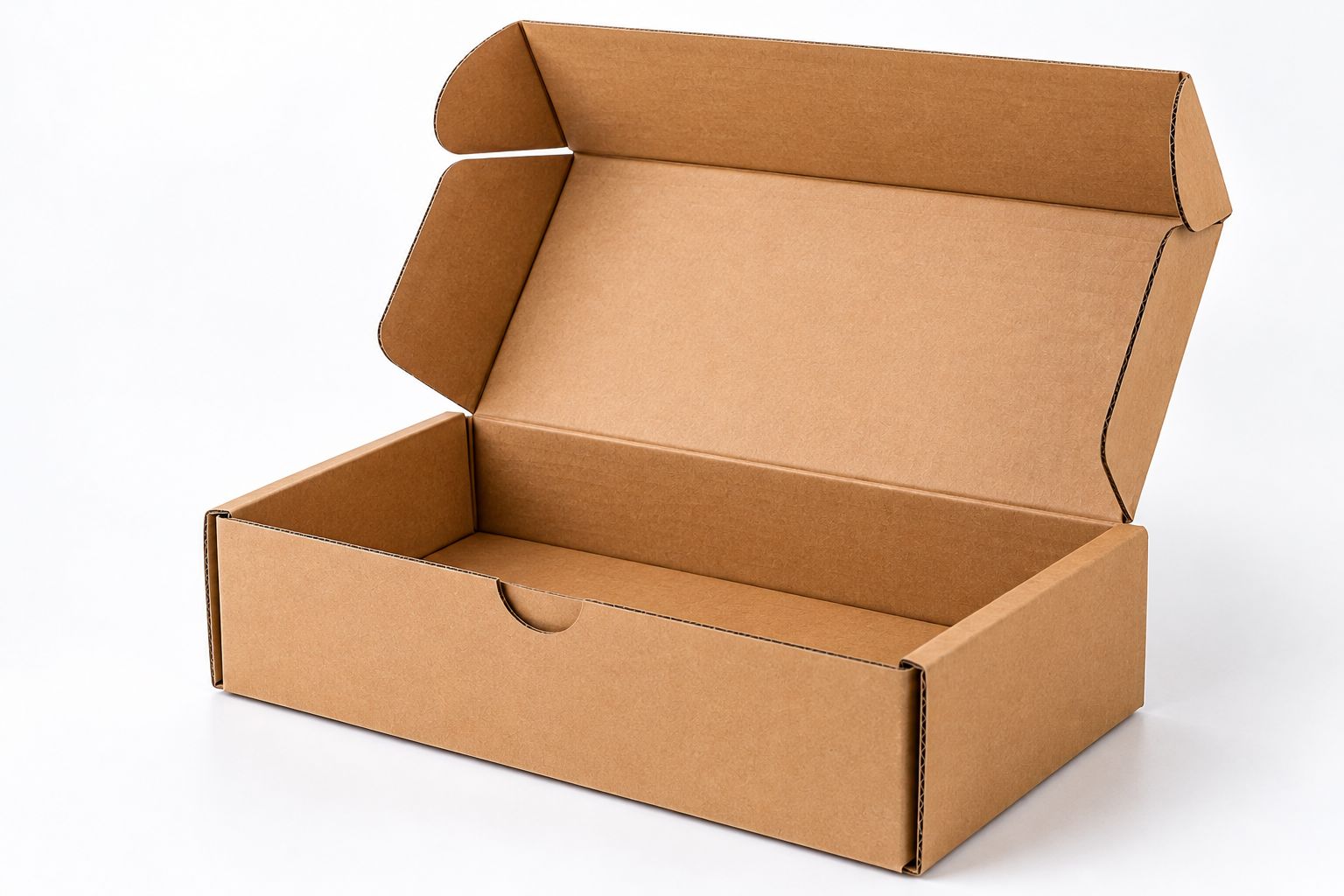 Caja troquelada de cartón corrugado con tapa abierta