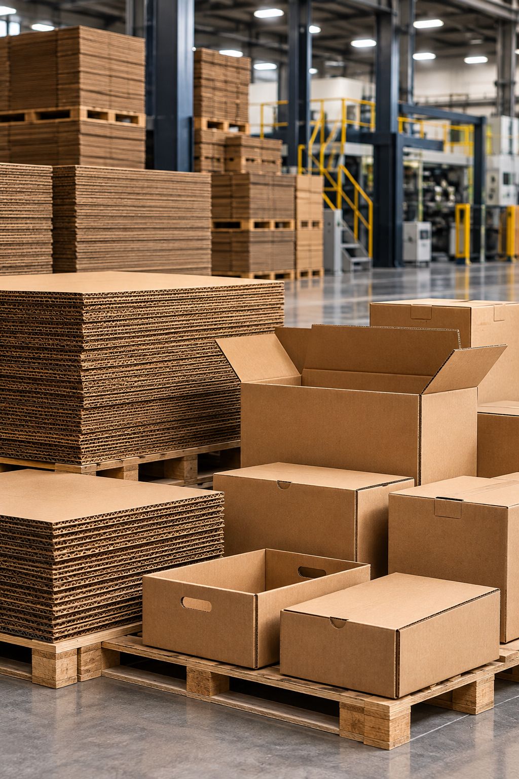 Cajas y láminas de cartón corrugado sobre tarimas en un almacén